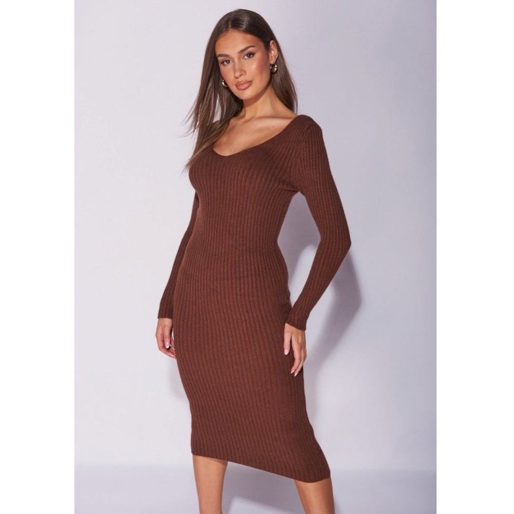 Brown Knitted Long Sleeve V-Neck Bodycon Pencil Midi Sweater Dress
